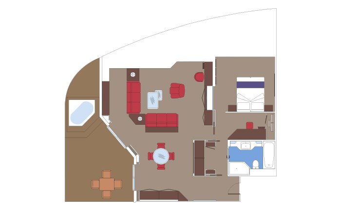 Floor plan of a spacious cruise suite with bedroom, living area, balcony, and private whirlpool | MSC Cruises