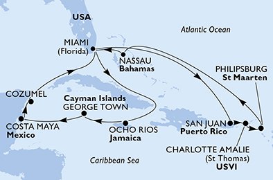 USA, Puerto Rico, Virgin Islands (U.S.), St. Maarten, Bahamas, Jamaica, Cayman Islands, Mexico