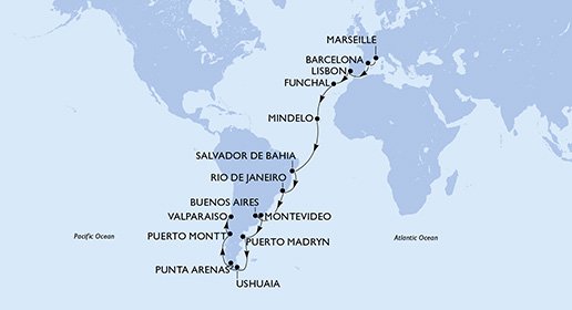 Frankrike, Spaina, Portugal, Kapp Verde, Brasil, Argentina, Uruguay, Chile