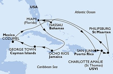 USA, Puerto Rico, Virgin Islands (U.S.), St. Maarten, Bahamas, Jamaica, Cayman Islands, Mexico