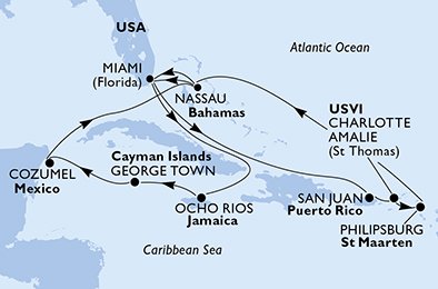 USA, Jamaica, Cayman Islands, Mexico, Bahamas, Puerto Rico, Virgin Islands (U.S.), St. Maarten