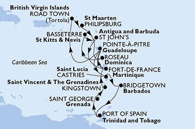 Martinique, Guadeloupe, Saint Lucia, Barbados, Trinidad og Tobago, Grenada, Saint Vincent & The Grenadines, Virgin Islands (Britisk), St. Maarten, Dominica, Saint Kitts og Nevis, Antigua og Barbuda