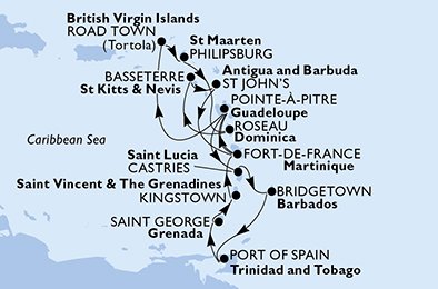 Guadeloupe, Virgin Islands (Britisk), St. Maarten, Dominica, Saint Kitts og Nevis, Antigua og Barbuda, Martinique, Saint Lucia, Barbados, Trinidad og Tobago, Grenada, Saint Vincent & The Grenadines