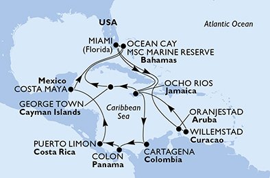 USA, Jamaica, Colombia, Panama, Costa Rica, Mexico, Bahamas, Aruba, Cayman Islands
