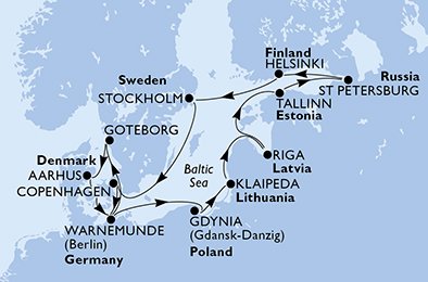 Danmark, Tyskland, Sverige, Polen, Litauen, Latvia, Estland, Russland, Finland