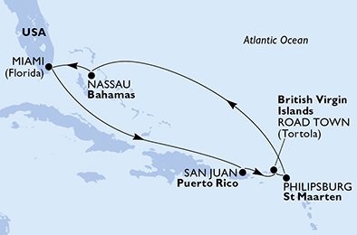 USA, Puerto Rico, Virgin Islands (Britisk), St. Maarten, Bahamas