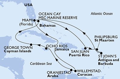 USA, Puerto Rico, St. Maarten, Antigua og Barbuda, Aruba, Jamaica, Cayman Islands, Bahamas