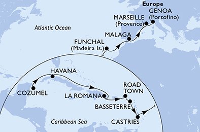 Mexico, Cuba, Dominikanske Republikk, Virgin Islands (Britisk), Saint Kitts og Nevis, Saint Lucia, Portugal, Spaina, Frankrike, Italia