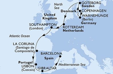 Danmark, Tyskland, Sverige, Nederland, Storbritannia, Spaina, Portugal, Gibraltar