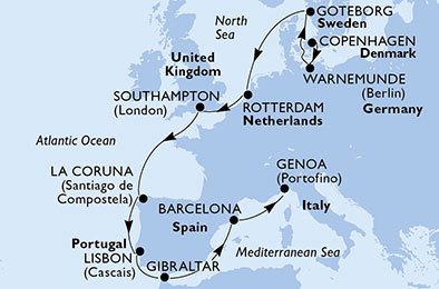 Danmark, Tyskland, Sverige, Nederland, Storbritannia, Spaina, Portugal, Gibraltar, Italia