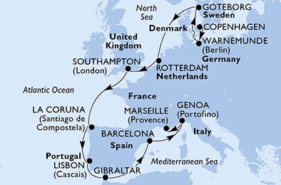 Danmark, Tyskland, Sverige, Nederland, Storbritannia, Spaina, Portugal, Gibraltar, Italia, Frankrike