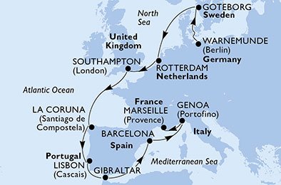 Tyskland, Sverige, Nederland, Storbritannia, Spaina, Portugal, Gibraltar, Italia, Frankrike