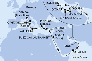 Italia, Malta, Hellas, Egypt, Jordan, Oman, Forente Arabiske Emirater, Qatar, Bahrain