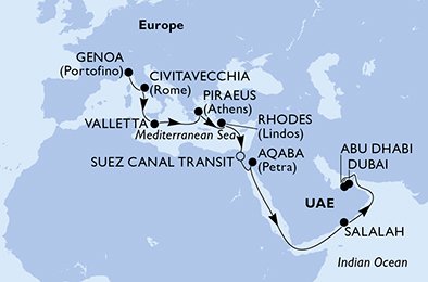 Italia, Malta, Hellas, Egypt, Jordan, Oman, Forente Arabiske Emirater