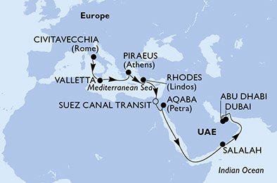 Italia, Malta, Hellas, Egypt, Jordan, Oman, Forente Arabiske Emirater