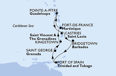 Martinique, Guadeloupe, Saint Lucia, Barbados, Trinidad og Tobago, Grenada, Saint Vincent & The Grenadines