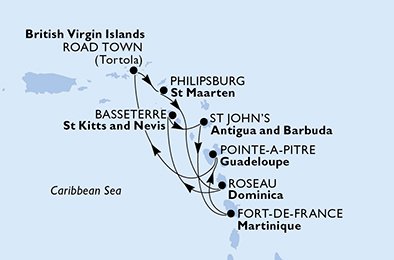 Martinique, Guadeloupe, Virgin Islands (Britisk), Nederlandske Antiller, Dominica, Saint Kitts og Nevis, Antigua og Barbuda