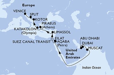 Forente Arabiske Emirater, Oman, Israel, Jordan, Egypt, Kypros, Hellas, Montenegro, Kroatia, Italia
