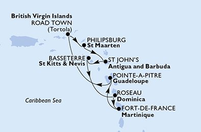 Guadeloupe, Virgin Islands (Britisk), Nederlandske Antiller, Antigua og Barbuda, Saint Kitts og Nevis, Dominica, Martinique